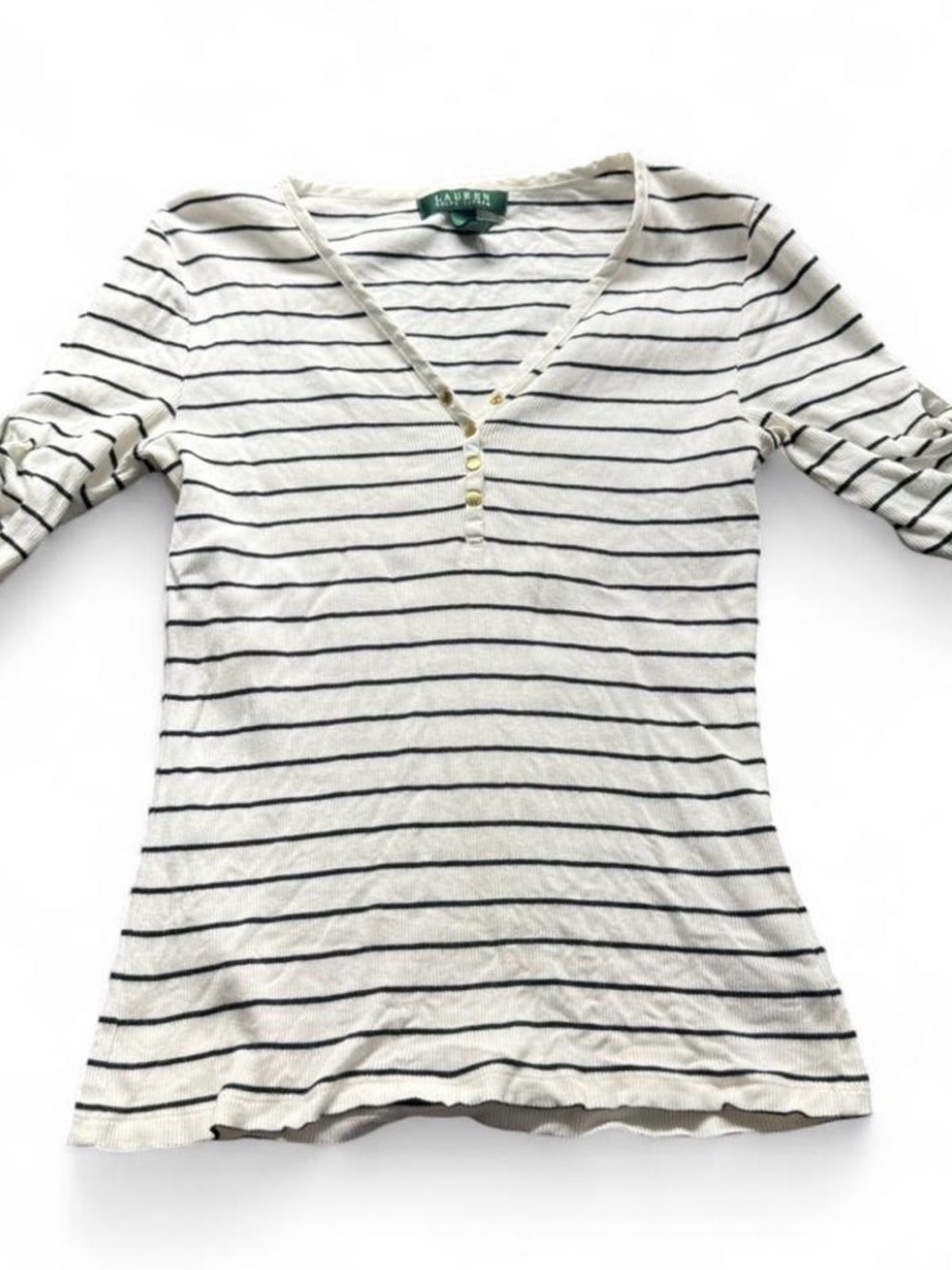 Lauren Ralph Lauren Cream and Navy Striped V-Neck Henley Top